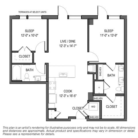Floor plan for 2 beds, 2 baths, 1006 sqft